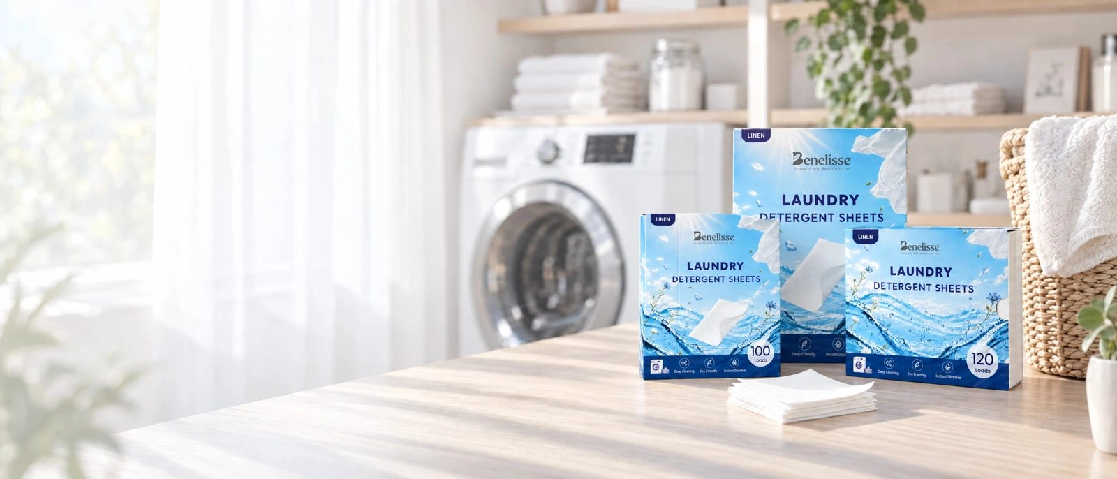 Bright laundry room showcasing Benelisse eco-friendly household cleaning sheets