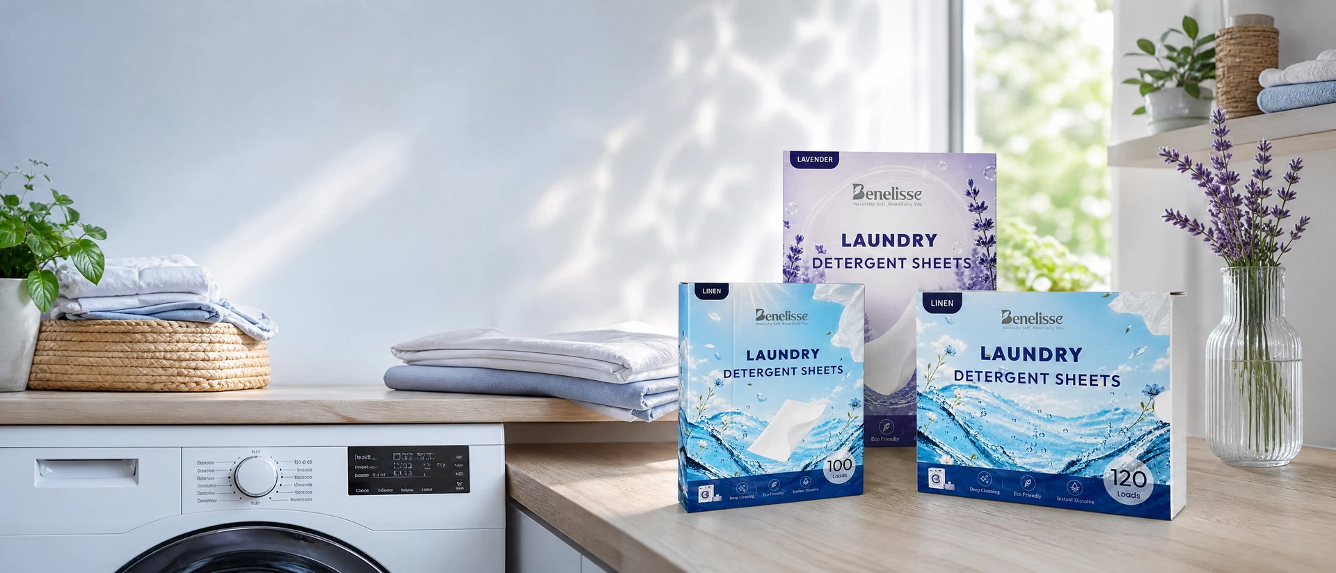 Bright laundry room showcasing Benelisse eco-friendly household cleaning sheets
